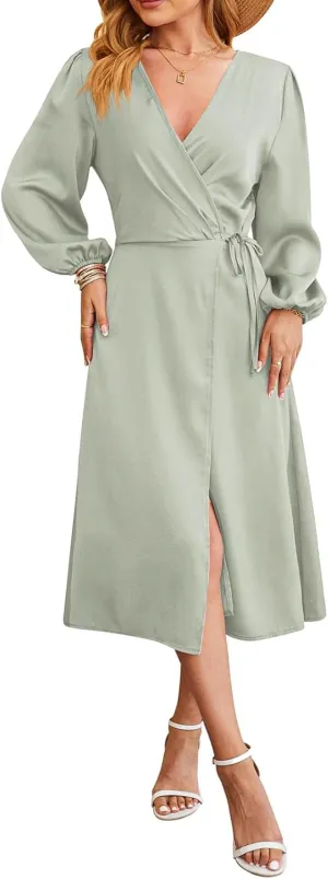 Women's Summer Maxi Dress Casual Boho Floral Wrap V Neck Short Sleeve Ruffle Hem Split Beach Long Dresses with Belt