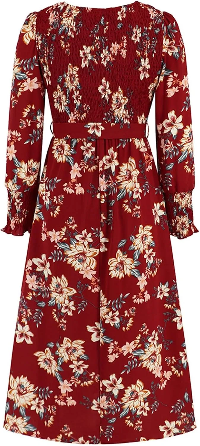 Women's Summer Maxi Dress Casual Long Sleeve Crewneck Flowy Slit Beach Swing Tiered Long Beach Dresses with Belt