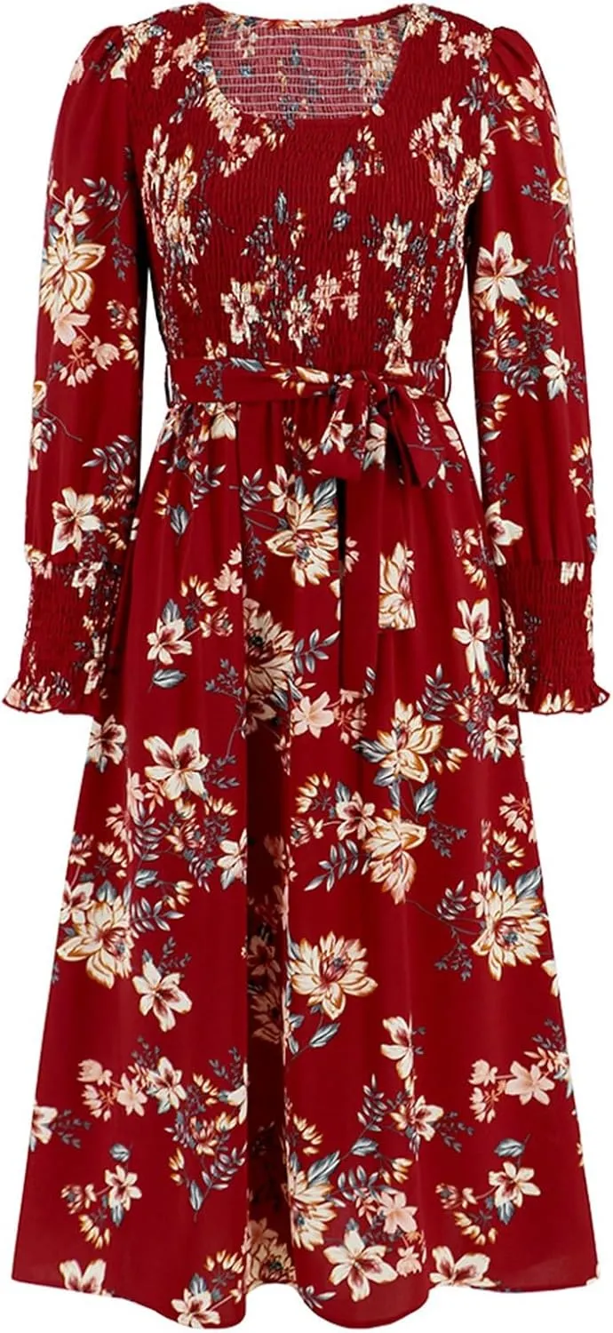 Women's Summer Maxi Dress Casual Long Sleeve Crewneck Flowy Slit Beach Swing Tiered Long Beach Dresses with Belt