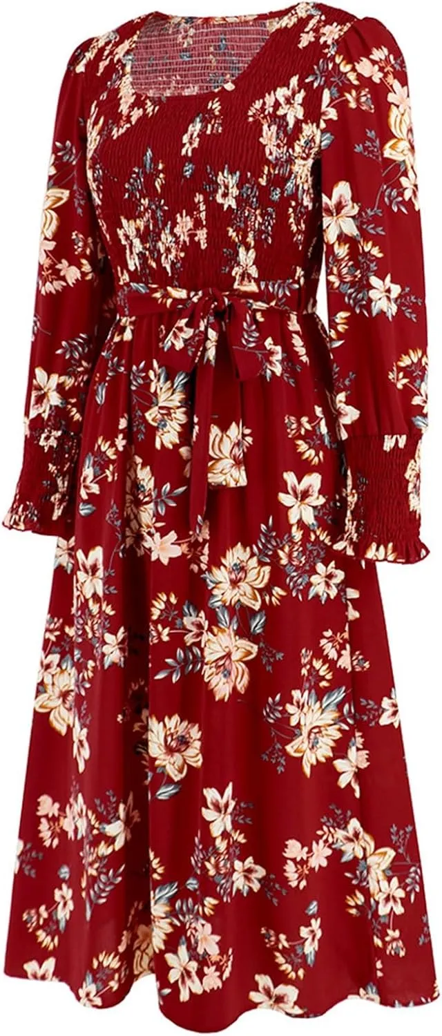 Women's Summer Maxi Dress Casual Long Sleeve Crewneck Flowy Slit Beach Swing Tiered Long Beach Dresses with Belt