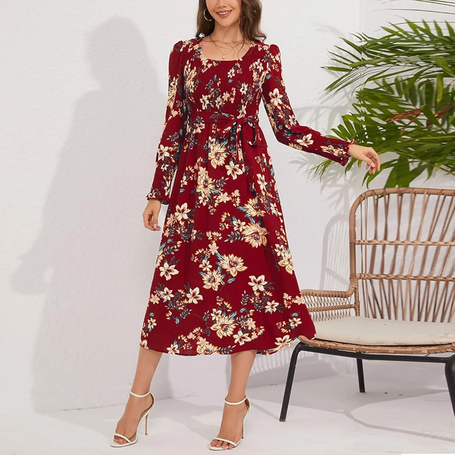 Women's Summer Maxi Dress Casual Long Sleeve Crewneck Flowy Slit Beach Swing Tiered Long Beach Dresses with Belt