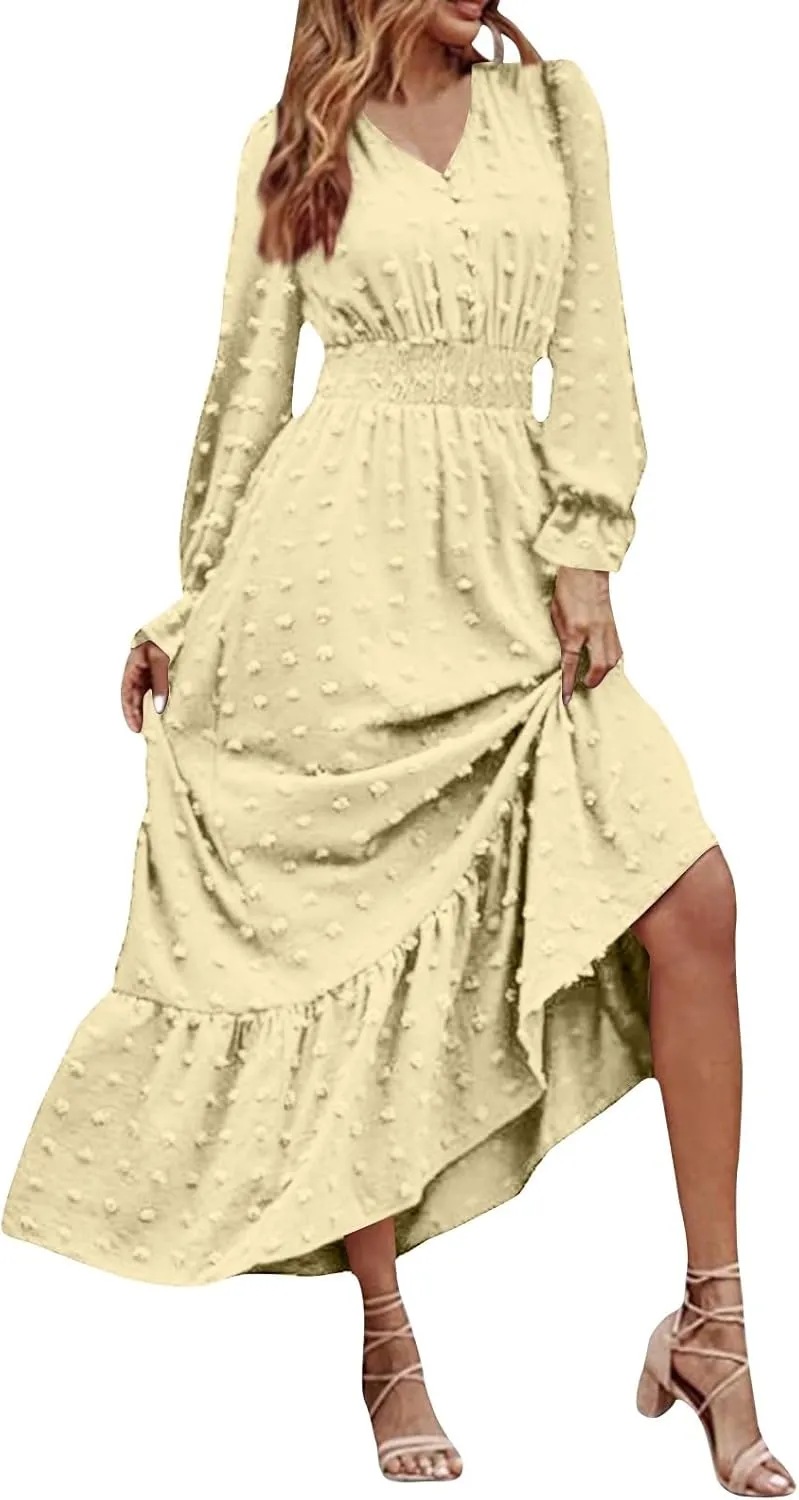 Women's Summer Maxi Dress Casual Long Sleeve Crewneck Flowy Slit Beach Swing Tiered Long Beach Dresses with Belt