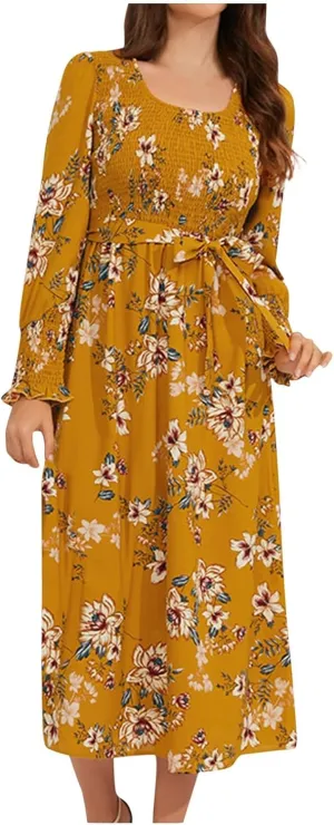 Women's Summer Maxi Dress Casual Long Sleeve Crewneck Flowy Slit Beach Swing Tiered Long Beach Dresses with Belt