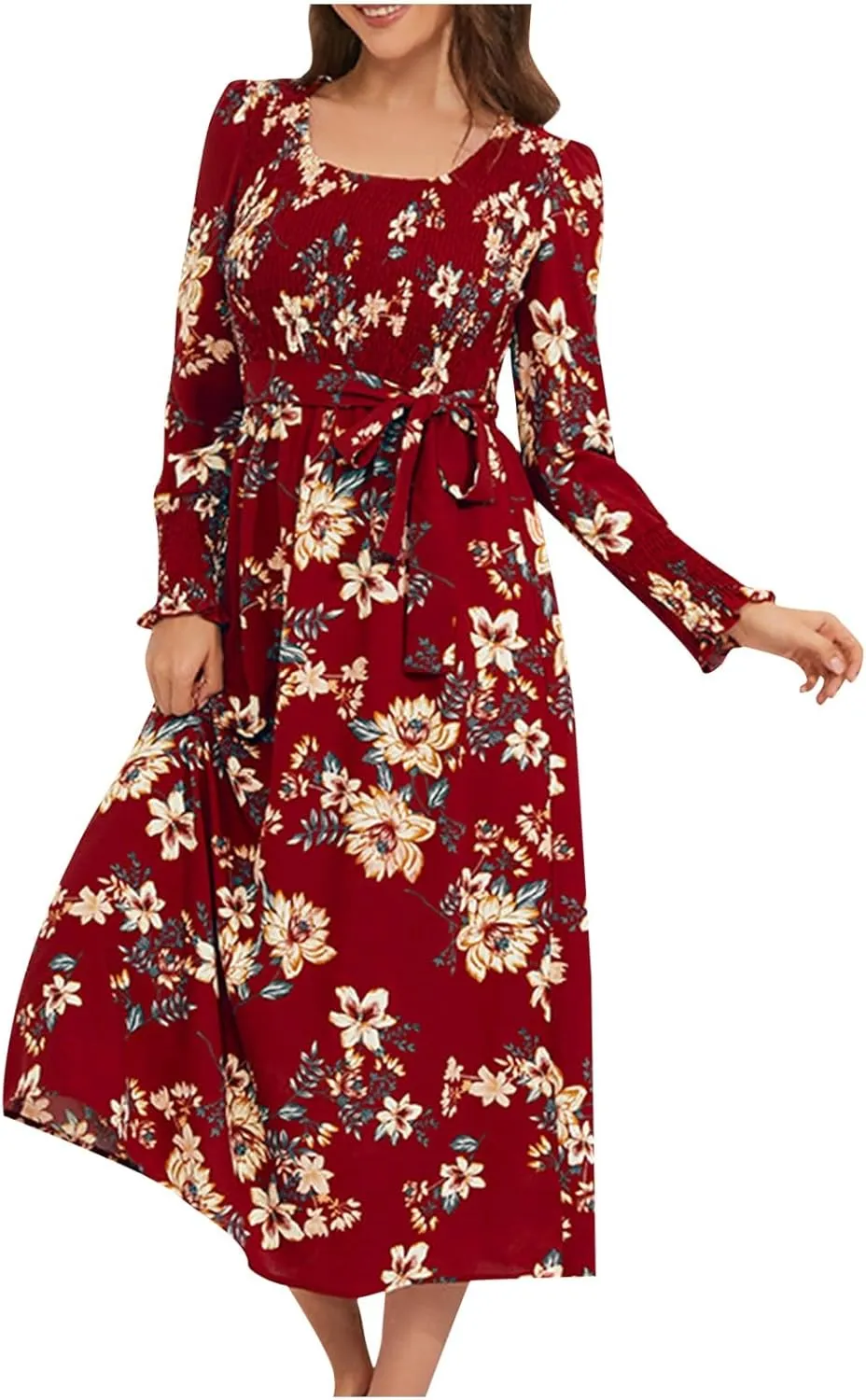 Women's Summer Maxi Dress Casual Long Sleeve Crewneck Flowy Slit Beach Swing Tiered Long Beach Dresses with Belt