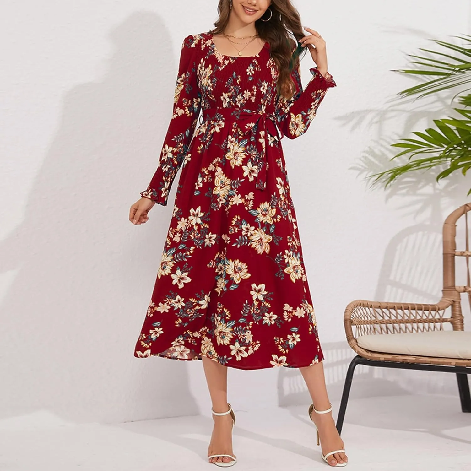 Women's Summer Maxi Dress Casual Long Sleeve Crewneck Flowy Slit Beach Swing Tiered Long Beach Dresses with Belt