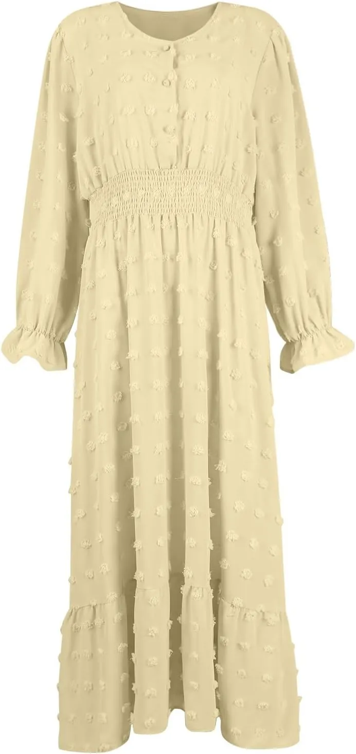 Women's Summer Maxi Dress Casual Long Sleeve Crewneck Flowy Slit Beach Swing Tiered Long Beach Dresses with Belt