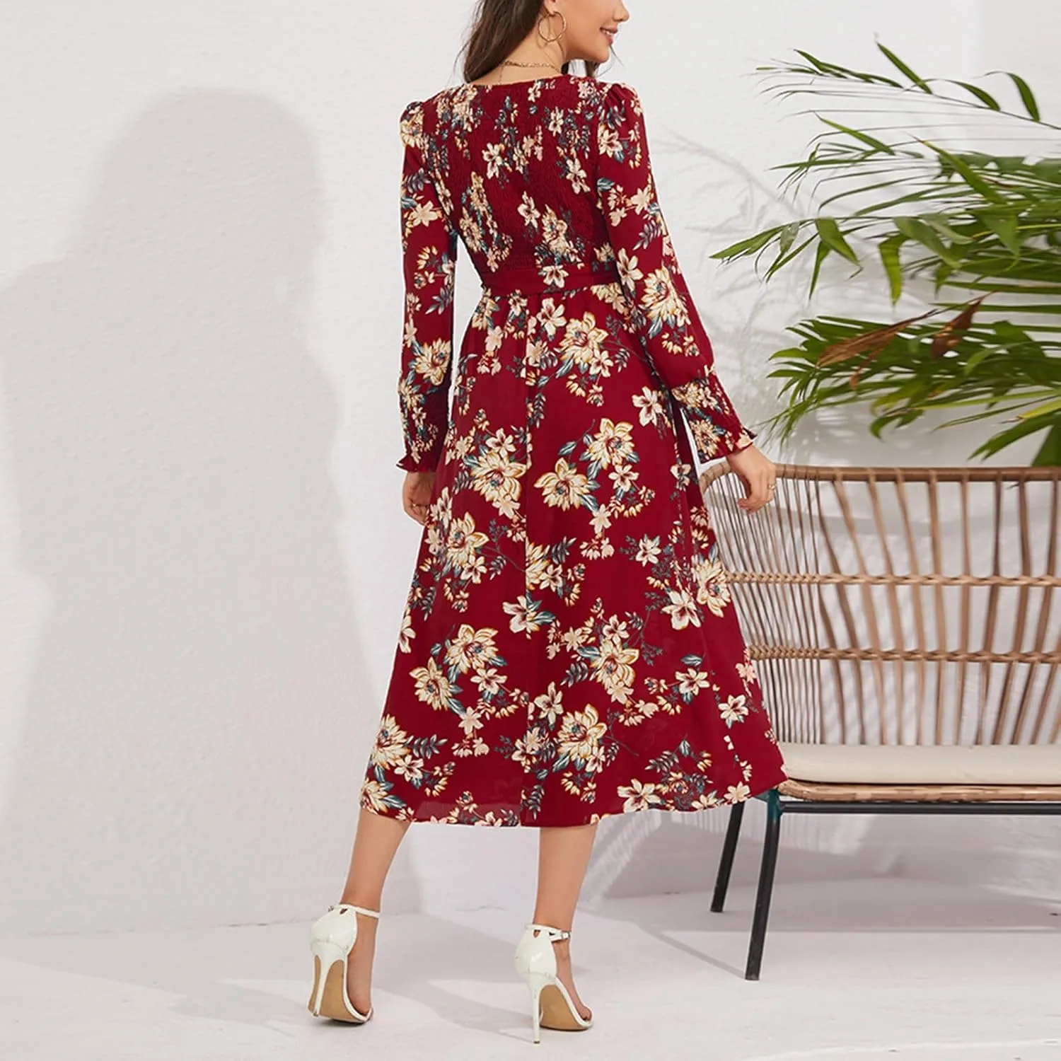 Women's Summer Maxi Dress Casual Long Sleeve Crewneck Flowy Slit Beach Swing Tiered Long Beach Dresses with Belt
