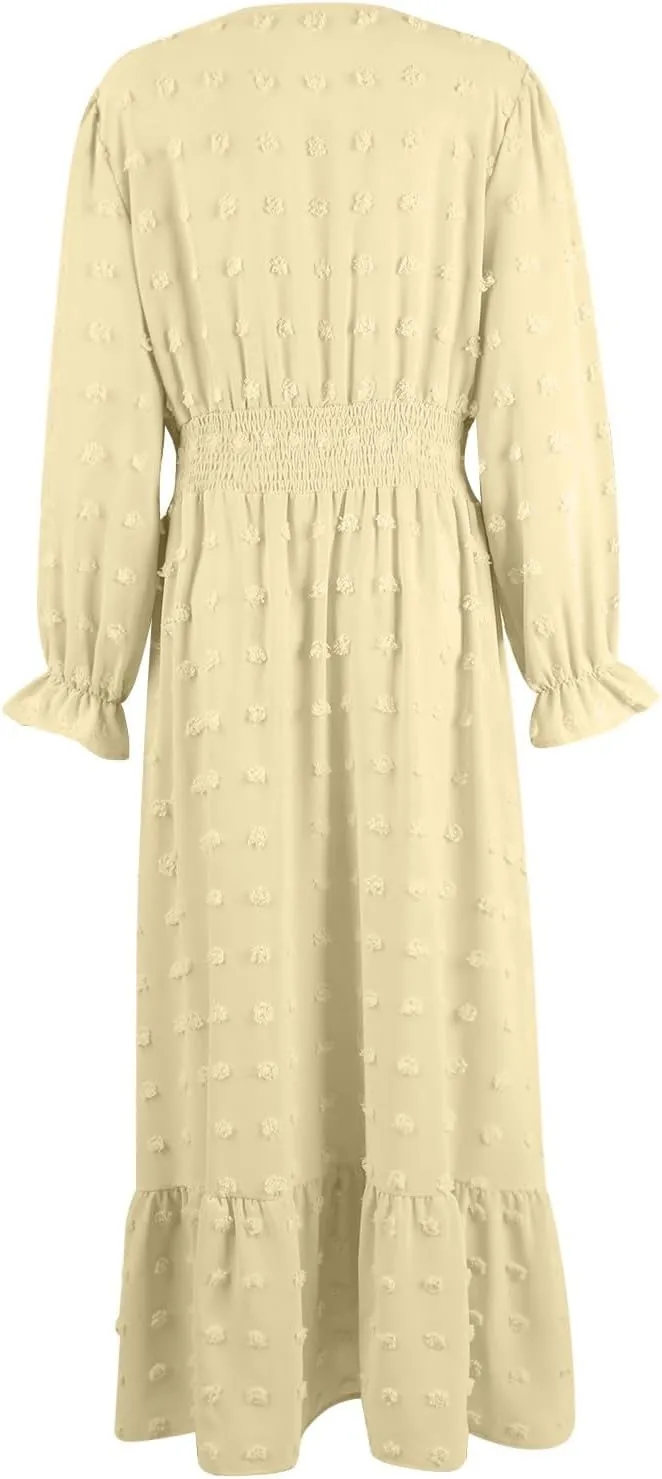 Women's Summer Maxi Dress Casual Long Sleeve Crewneck Flowy Slit Beach Swing Tiered Long Beach Dresses with Belt