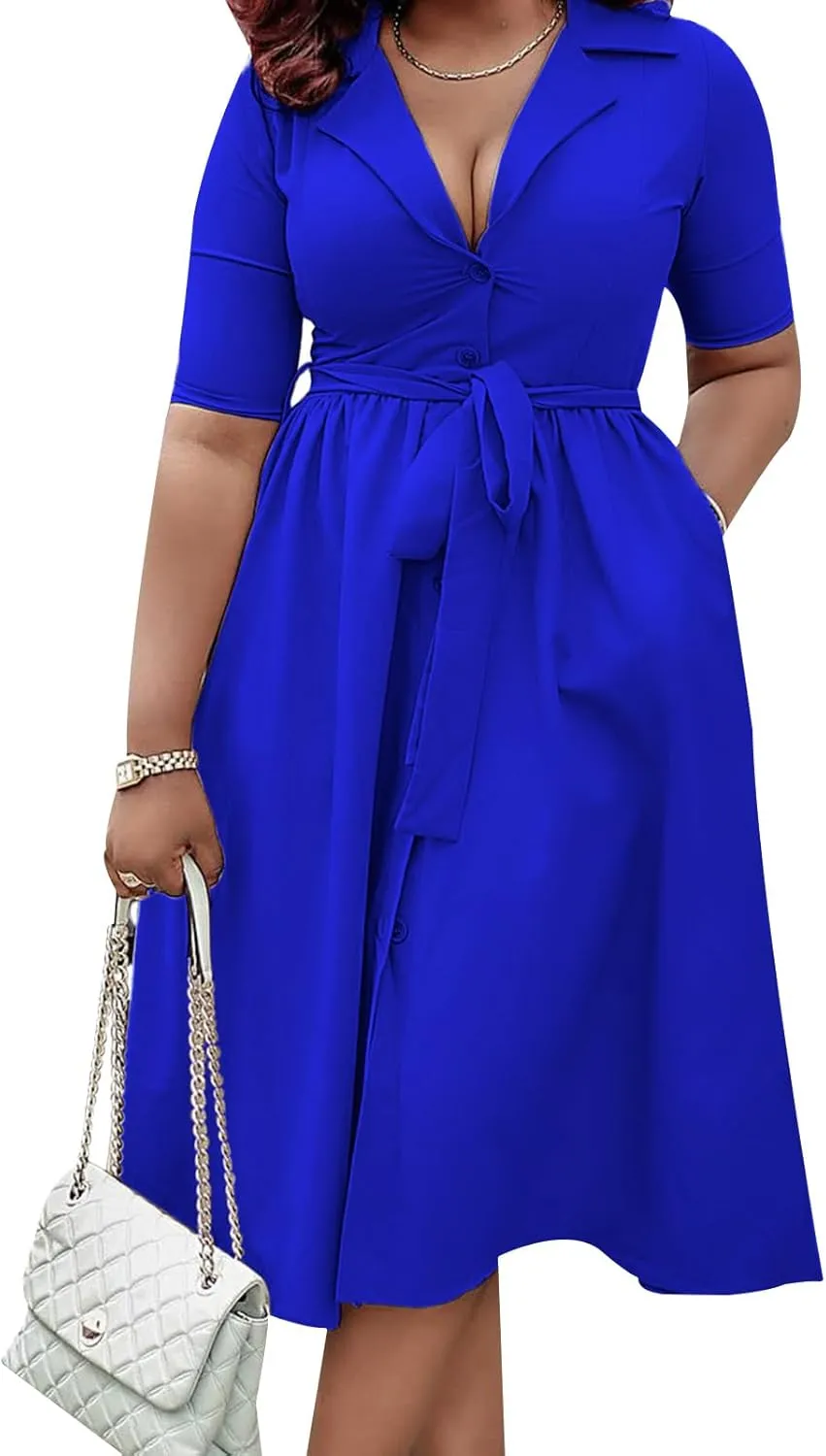 Womens Summer Plus Size Shirt Dress Solid Color Turn Down Collar Buttons Midi Dress Casual A-Line Dress with Belt