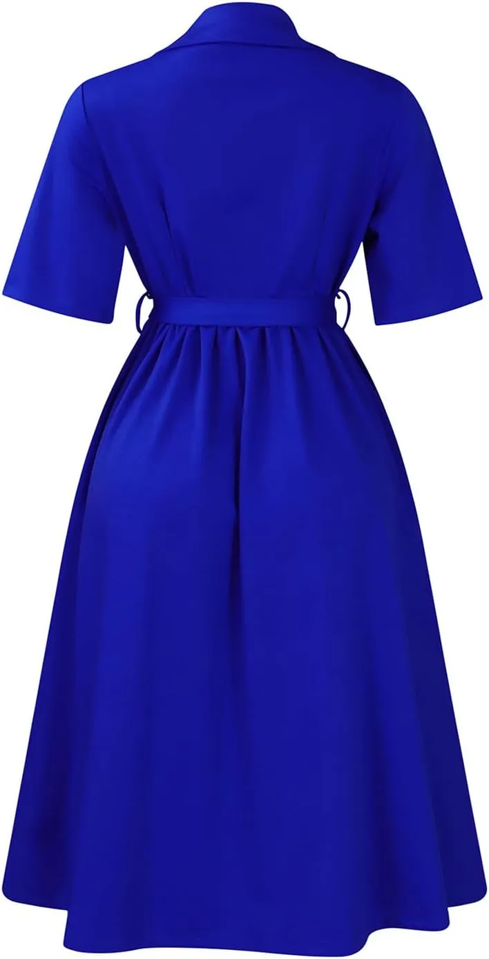 Womens Summer Plus Size Shirt Dress Solid Color Turn Down Collar Buttons Midi Dress Casual A-Line Dress with Belt