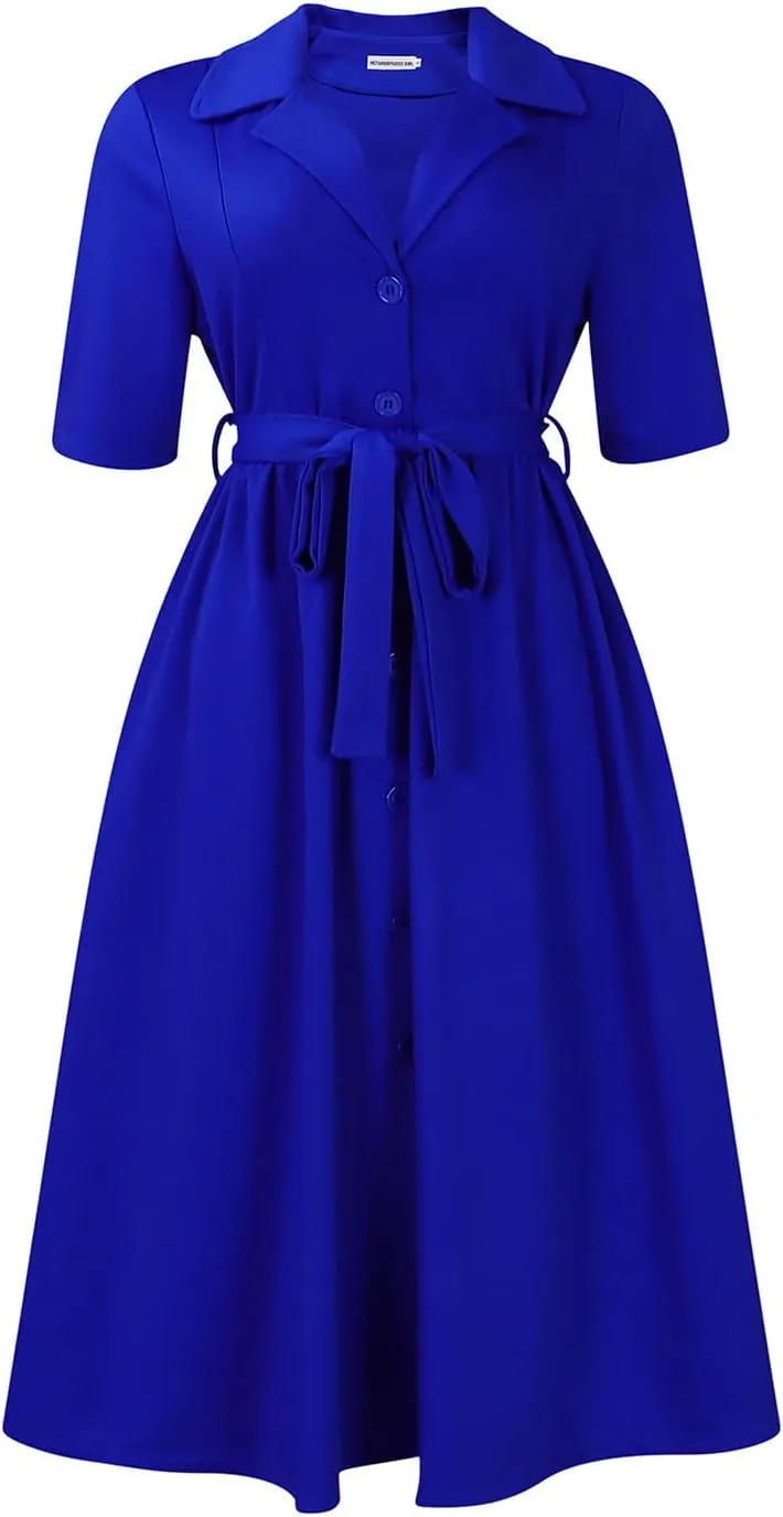 Womens Summer Plus Size Shirt Dress Solid Color Turn Down Collar Buttons Midi Dress Casual A-Line Dress with Belt