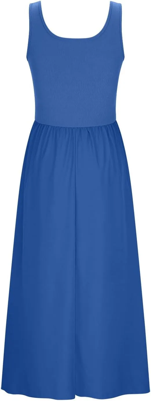 Women's Summer Sleeveless Tank Dress Casual A Line Scoop Neck Maxi Sundress Beach Flowy Pleated Wrap Long Dresses