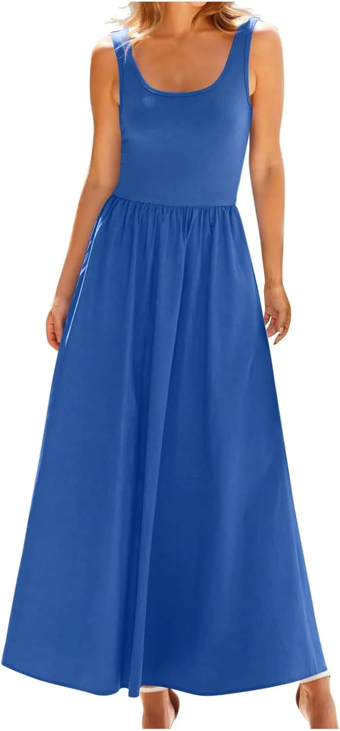 Women's Summer Sleeveless Tank Dress Casual A Line Scoop Neck Maxi Sundress Beach Flowy Pleated Wrap Long Dresses