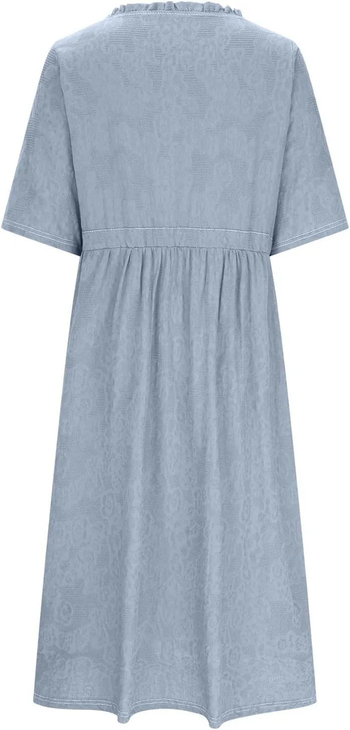 Women's Summer Vintage Jacquard Short Sleeve A Line Shirt Dress Cotton V Neck Button Drawstring Beach Midi Dresses