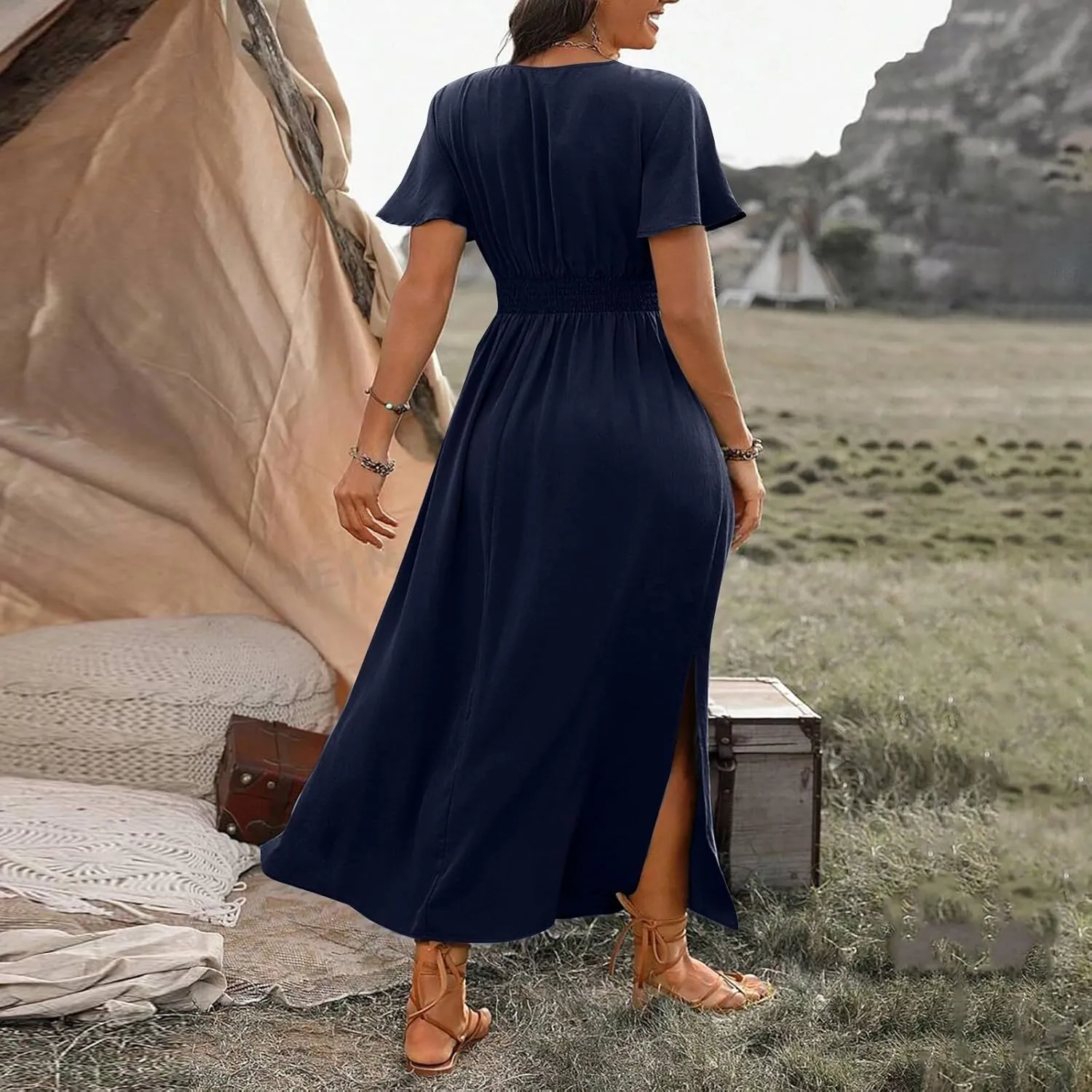 Womens Summer Wrap Maxi Dress Casual Boho Floral V Neck Short Sleeve Plus Size Hem Split Beach Long Dresses