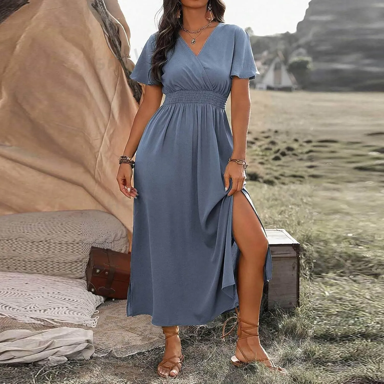 Womens Summer Wrap Maxi Dress Casual Boho Floral V Neck Short Sleeve Plus Size Hem Split Beach Long Dresses