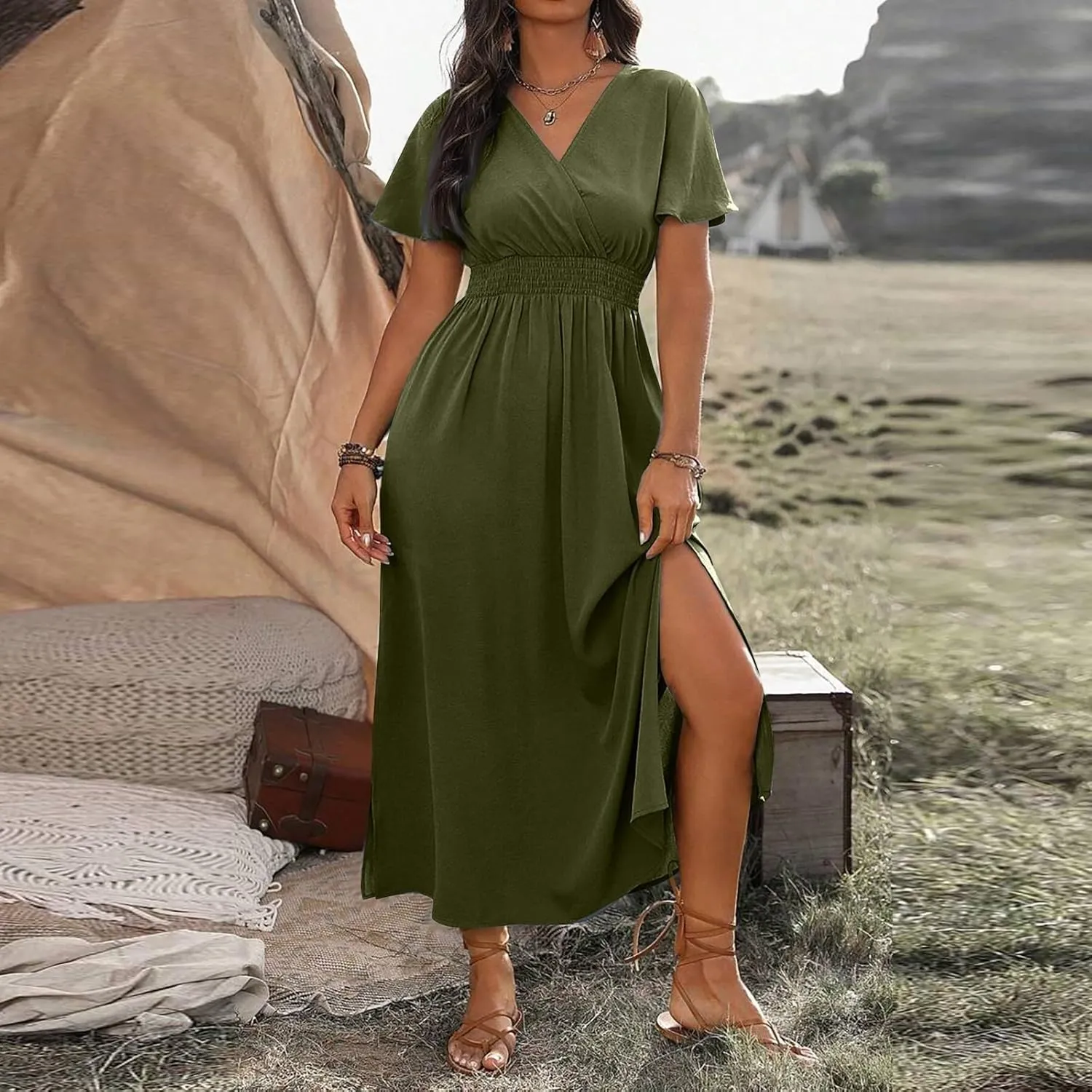 Womens Summer Wrap Maxi Dress Casual Boho Floral V Neck Short Sleeve Plus Size Hem Split Beach Long Dresses
