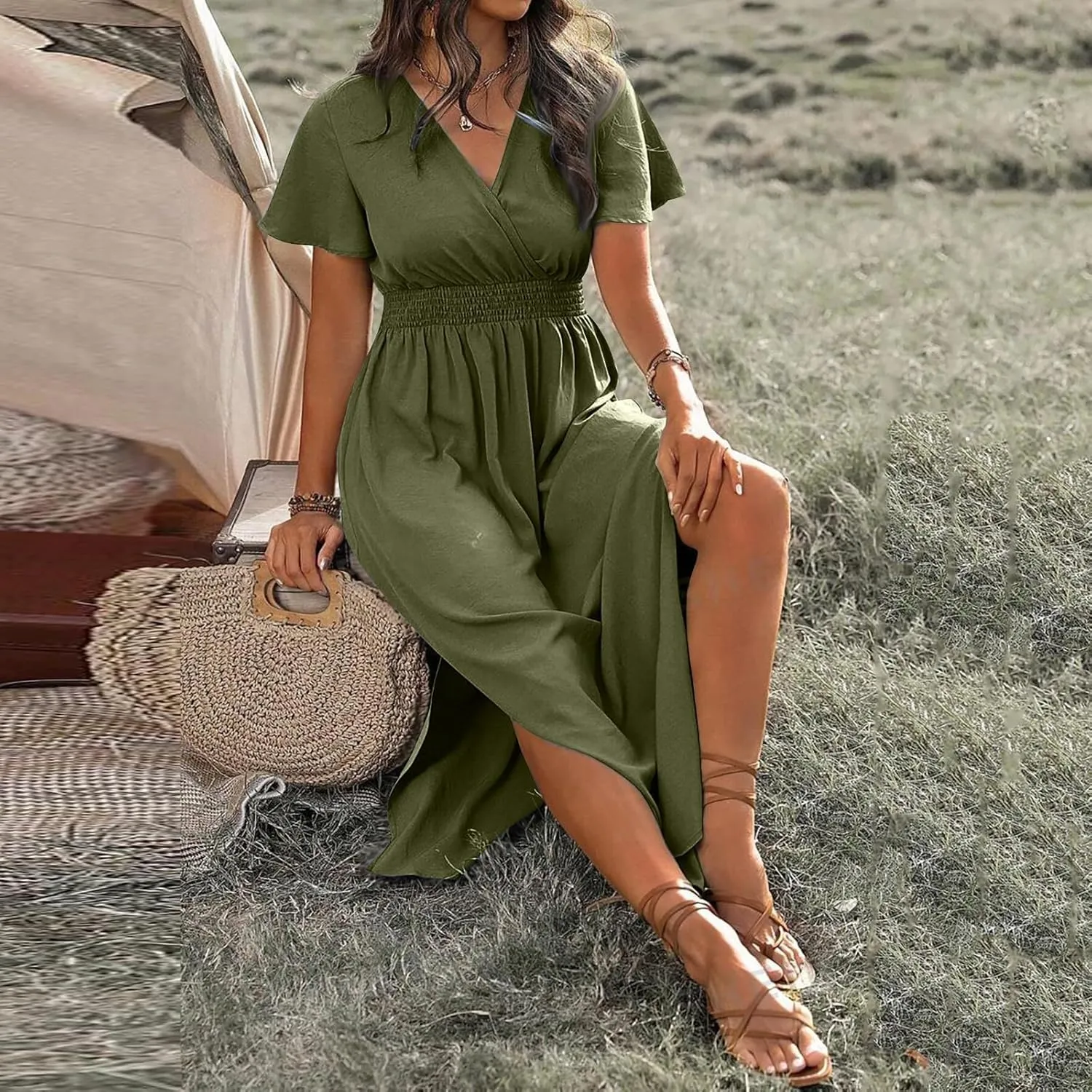 Womens Summer Wrap Maxi Dress Casual Boho Floral V Neck Short Sleeve Plus Size Hem Split Beach Long Dresses