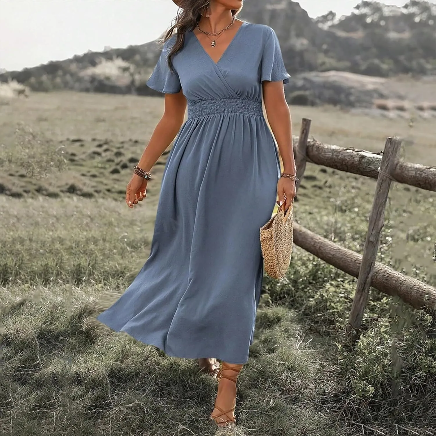 Womens Summer Wrap Maxi Dress Casual Boho Floral V Neck Short Sleeve Plus Size Hem Split Beach Long Dresses