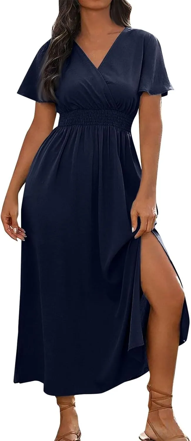 Womens Summer Wrap Maxi Dress Casual Boho Floral V Neck Short Sleeve Plus Size Hem Split Beach Long Dresses