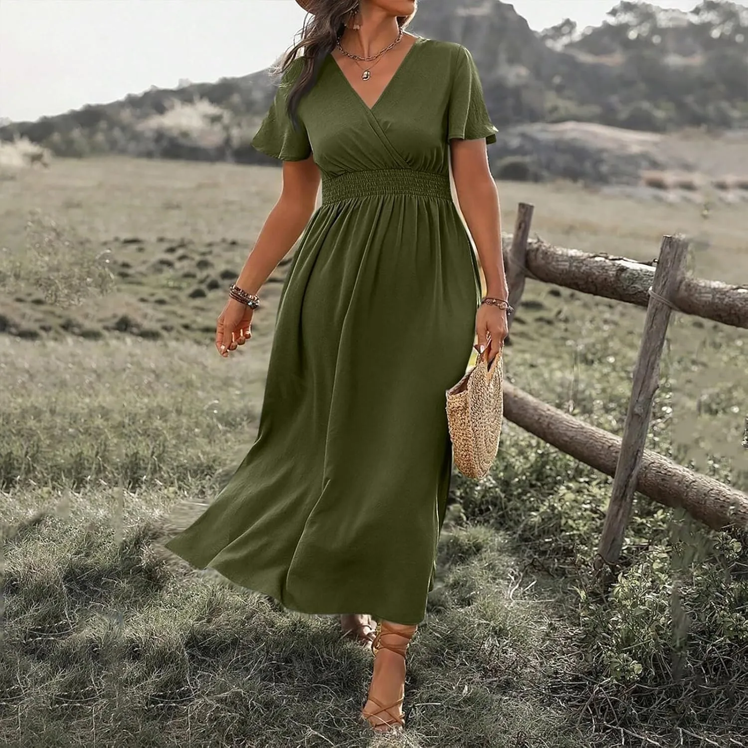 Womens Summer Wrap Maxi Dress Casual Boho Floral V Neck Short Sleeve Plus Size Hem Split Beach Long Dresses