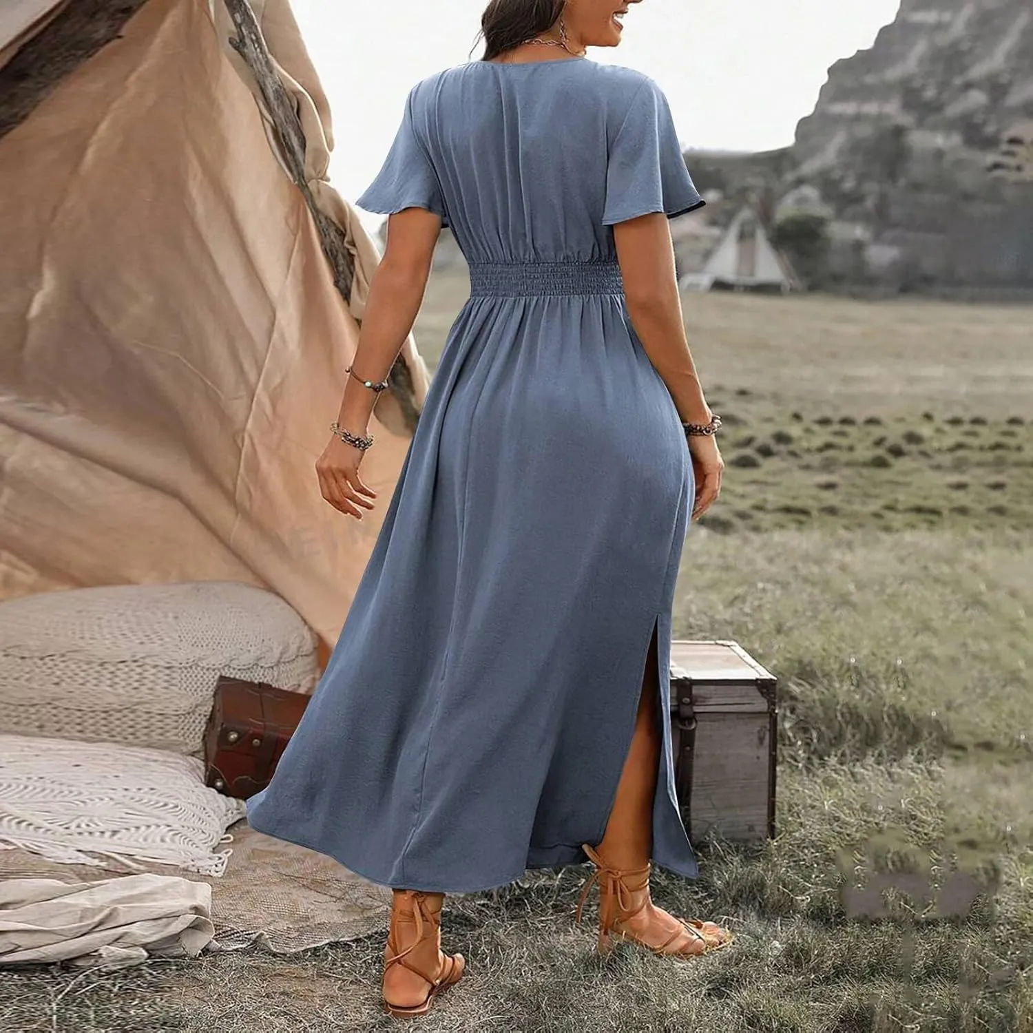 Womens Summer Wrap Maxi Dress Casual Boho Floral V Neck Short Sleeve Plus Size Hem Split Beach Long Dresses