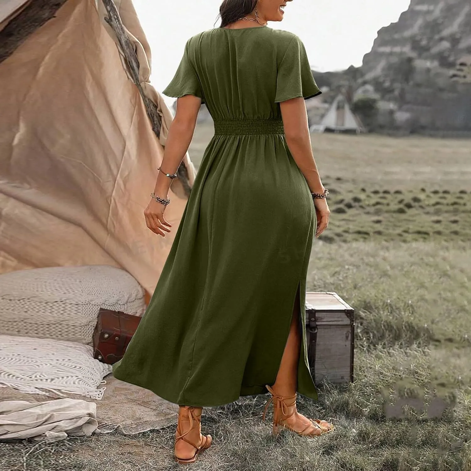 Womens Summer Wrap Maxi Dress Casual Boho Floral V Neck Short Sleeve Plus Size Hem Split Beach Long Dresses
