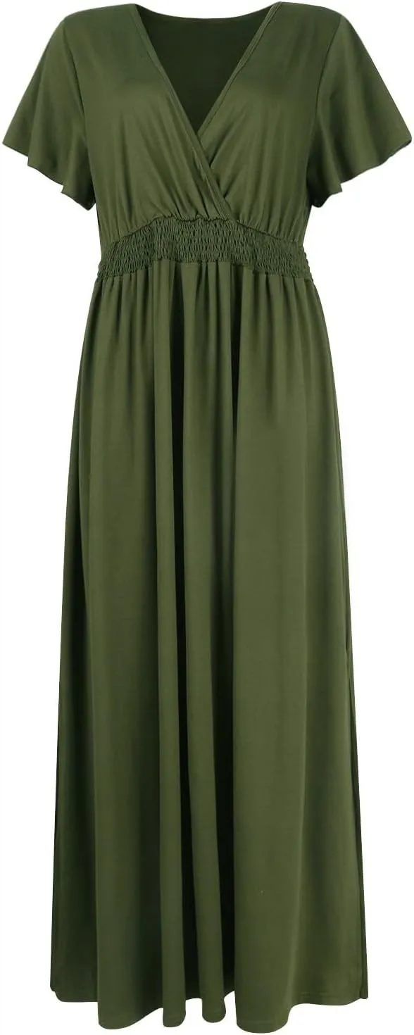 Womens Summer Wrap Maxi Dress Casual Boho Floral V Neck Short Sleeve Plus Size Hem Split Beach Long Dresses