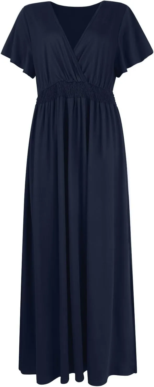 Womens Summer Wrap Maxi Dress Casual Boho Floral V Neck Short Sleeve Plus Size Hem Split Beach Long Dresses