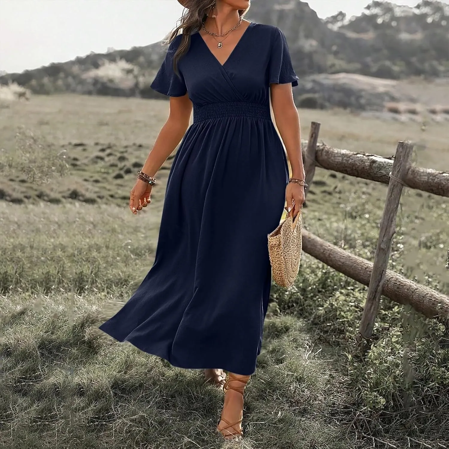 Womens Summer Wrap Maxi Dress Casual Boho Floral V Neck Short Sleeve Plus Size Hem Split Beach Long Dresses