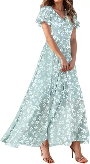 Women's Summer Wrap V Neck Long Maxi Dress Casual Boho Floral V Neck Short Sleeve Split Ladies Bohemian Dresses