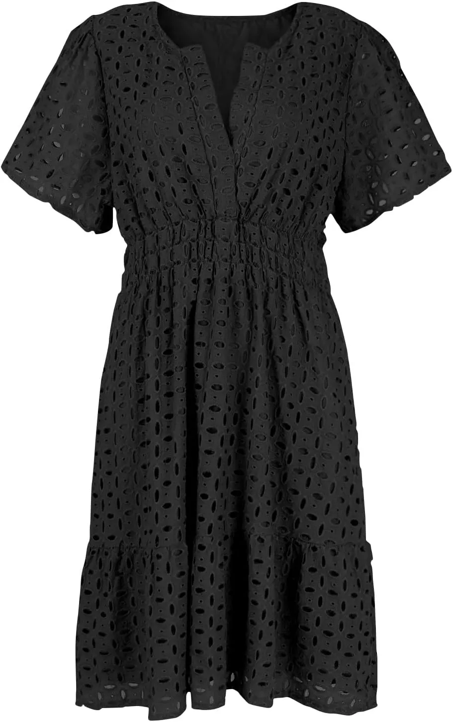 Women's Tie Shoulder Scallop Trim Mini Dress Eyelet V Neck A Line Casual Elegant Holiday Wedding Guest Party Dresses