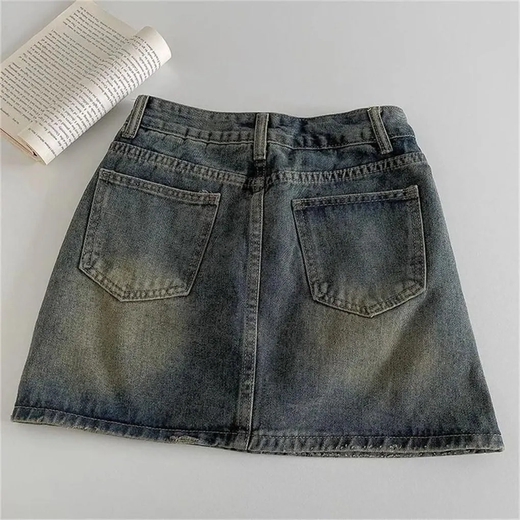 Women's Washed High Waisted Anti-Exposure Lined Short Skirt Fashion Solid Color Mini Denim Skirt