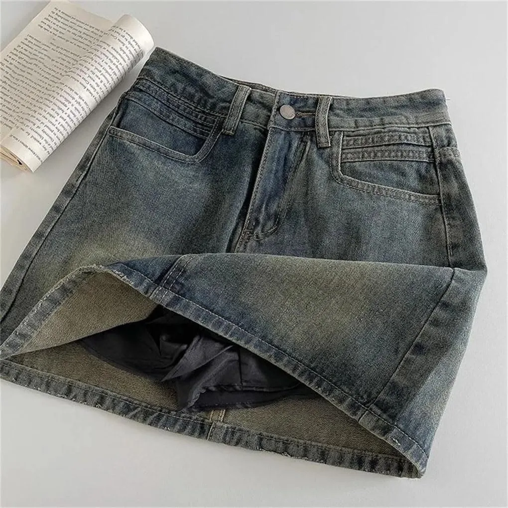 Women's Washed High Waisted Anti-Exposure Lined Short Skirt Fashion Solid Color Mini Denim Skirt