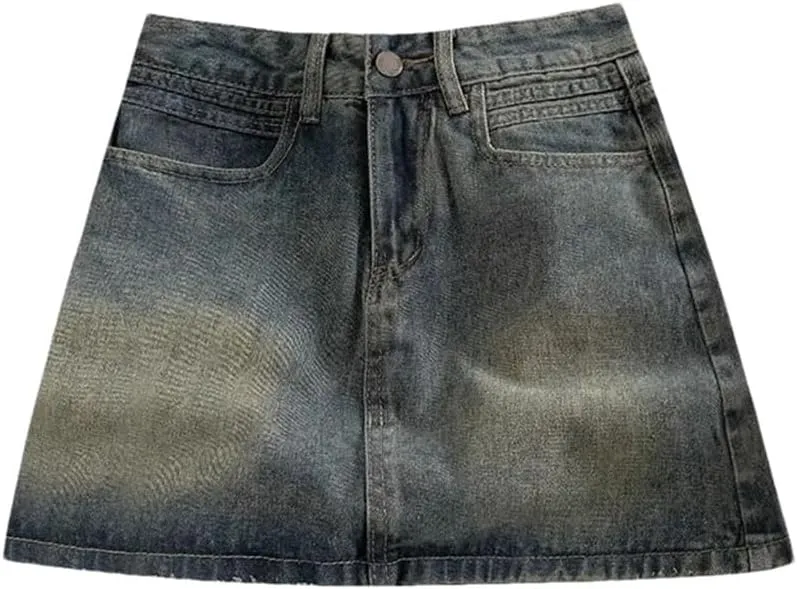 Women's Washed High Waisted Anti-Exposure Lined Short Skirt Fashion Solid Color Mini Denim Skirt