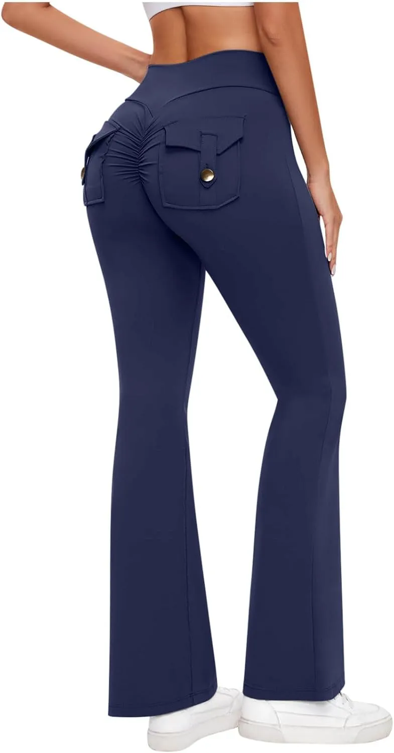Women's Wide Leg Flare Pants High Waist Running Joggers Trendy Lounge Baggy Trousers with Pockets