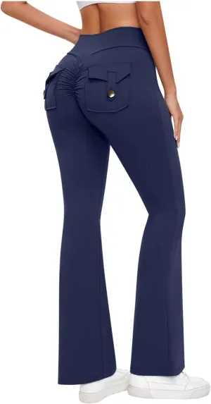 Women's Wide Leg Flare Pants High Waist Running Joggers Trendy Lounge Baggy Trousers with Pockets