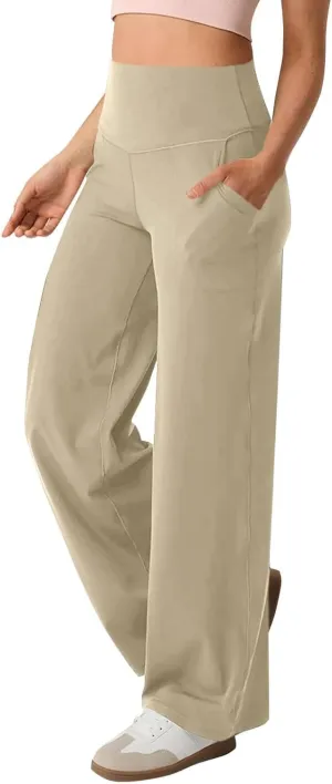 Women's Wide Leg Yoga Pants with Pockets High Waisted Tummy Control Stretch Athletic Workout Casual Flare Leggings
