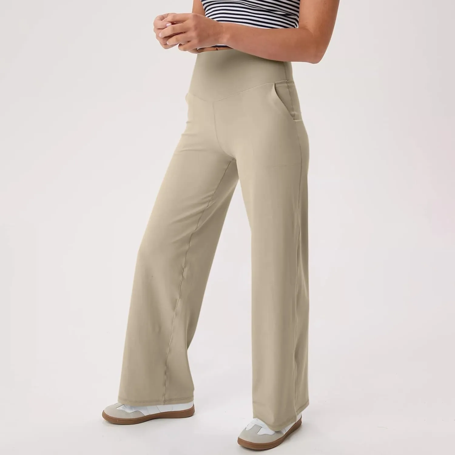 Women's Wide Leg Yoga Pants with Pockets High Waisted Tummy Control Stretch Athletic Workout Casual Flare Leggings