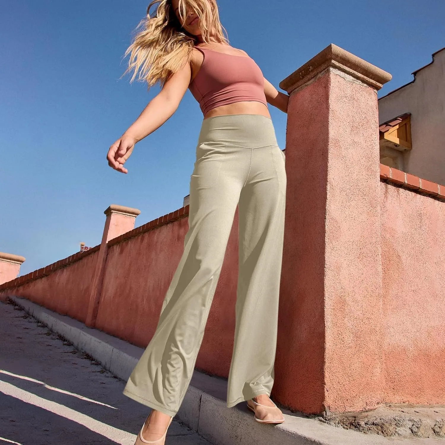 Women's Wide Leg Yoga Pants with Pockets High Waisted Tummy Control Stretch Athletic Workout Casual Flare Leggings