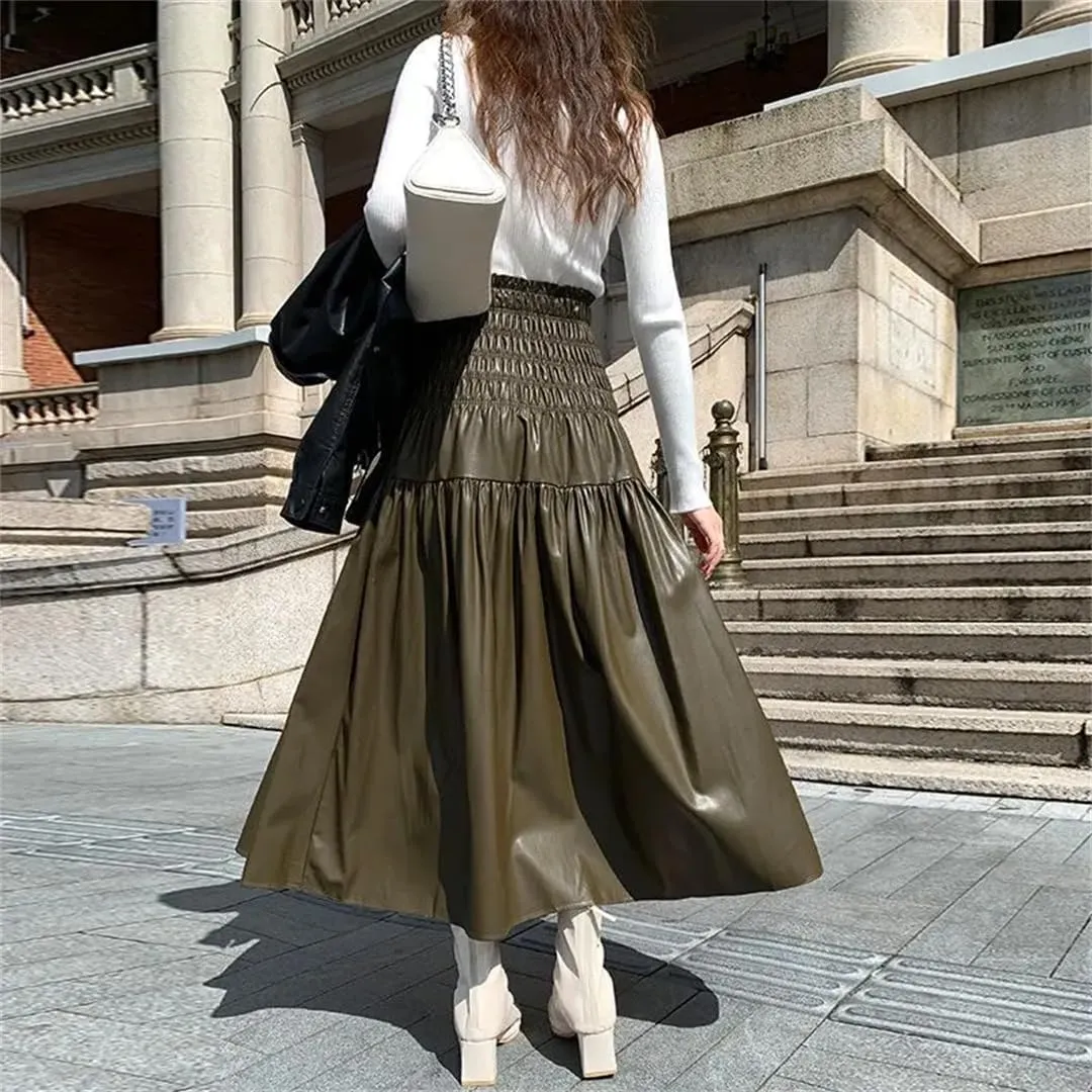 Women's Winter PU Long Skirt Elegant Ladies Elastic High Waist A-Line Midi Pleated Skirt