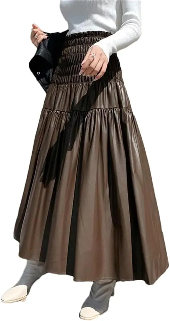 Women's Winter PU Long Skirt Elegant Ladies Elastic High Waist A-Line Midi Pleated Skirt