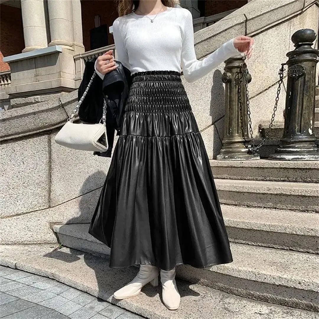 Women's Winter PU Long Skirt Elegant Ladies Elastic High Waist A-Line Midi Pleated Skirt