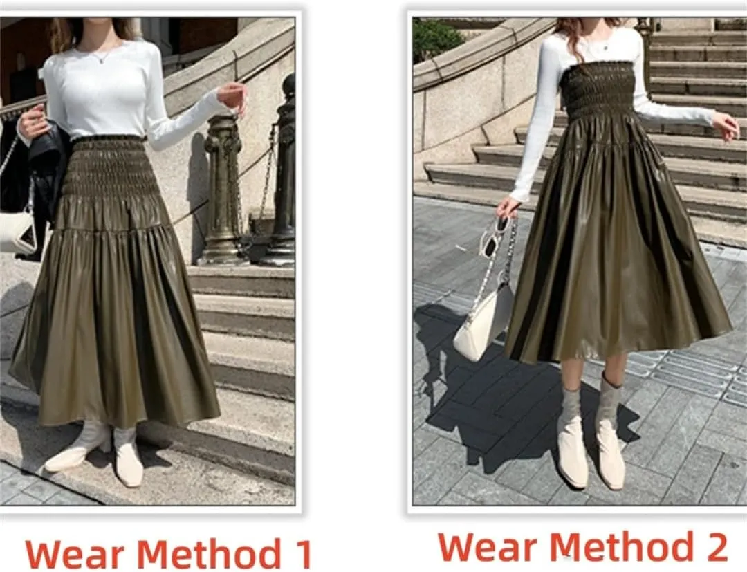Women's Winter PU Long Skirt Elegant Ladies Elastic High Waist A-Line Midi Pleated Skirt