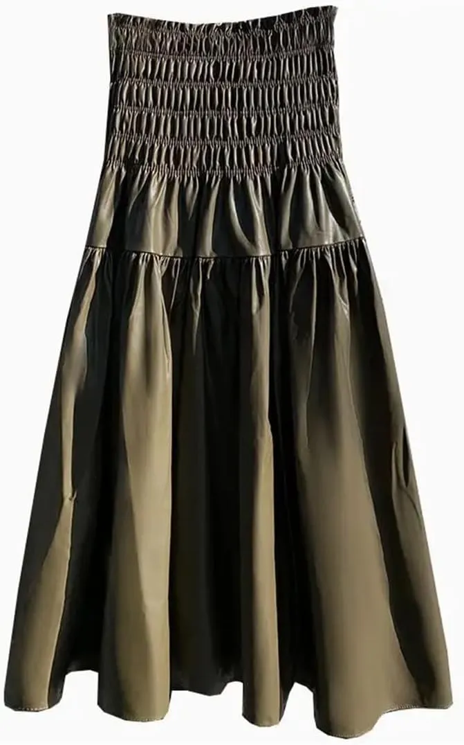 Women's Winter PU Long Skirt Elegant Ladies Elastic High Waist A-Line Midi Pleated Skirt
