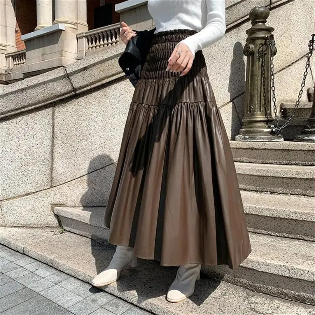 Women's Winter PU Long Skirt Elegant Ladies Elastic High Waist A-Line Midi Pleated Skirt