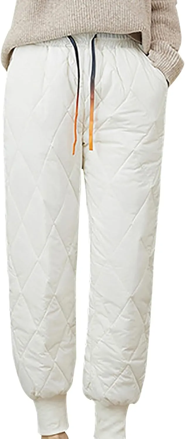 Womens Winter Warm Padded Down Cotton Pants Elastic High Waist Quilted Sweatpants Lightweight Snow Ski Trousers