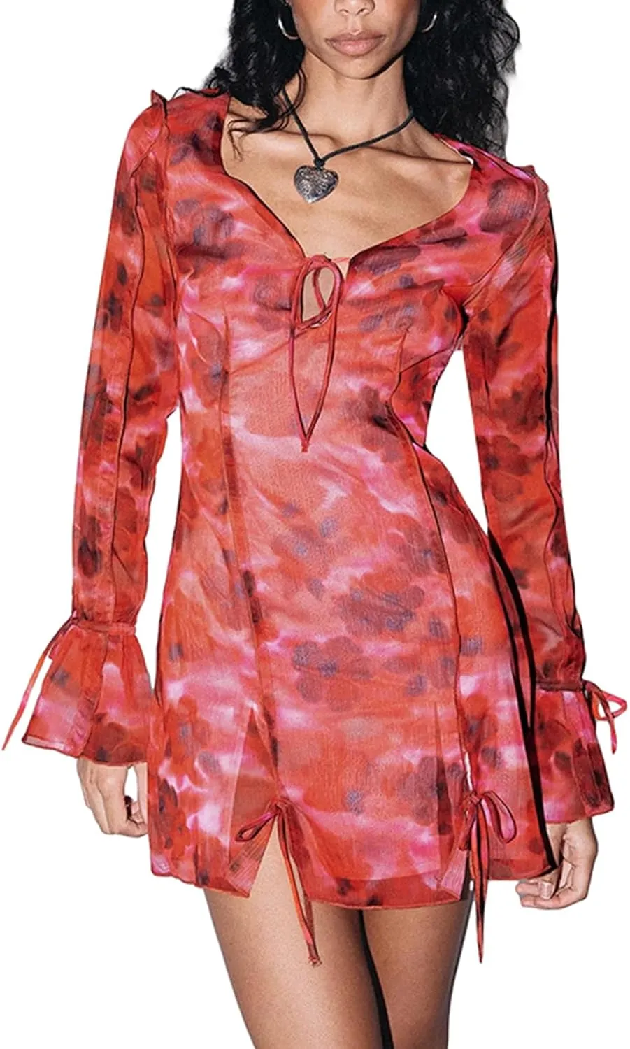 Women's Y2k Ruffle Trim Mini Dress Sexy Low Cut Slim Fit Cutout Mesh See Through Short Dress Summer Beach Sundress
