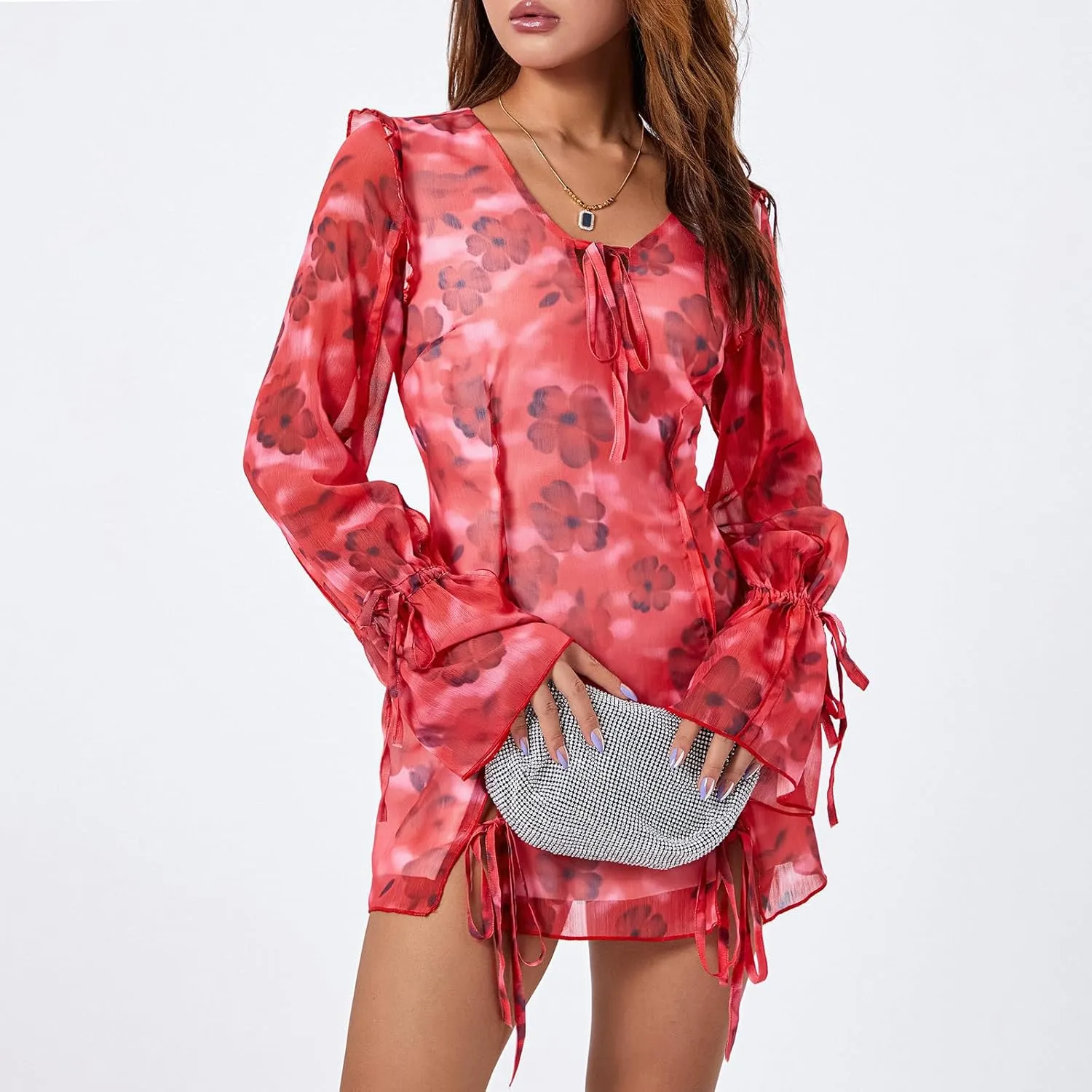 Women's Y2k Ruffle Trim Mini Dress Sexy Low Cut Slim Fit Cutout Mesh See Through Short Dress Summer Beach Sundress