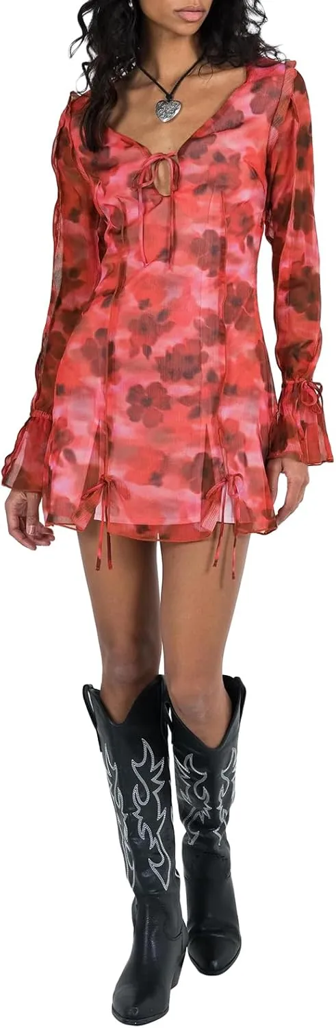 Women's Y2k Ruffle Trim Mini Dress Sexy Low Cut Slim Fit Cutout Mesh See Through Short Dress Summer Beach Sundress